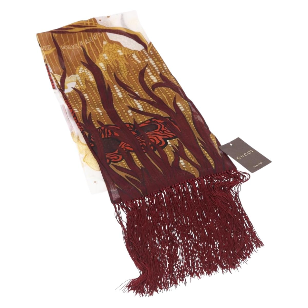 GUCCI Fringe Stole Silk Bordeaux White 380697 Auth am12325V
