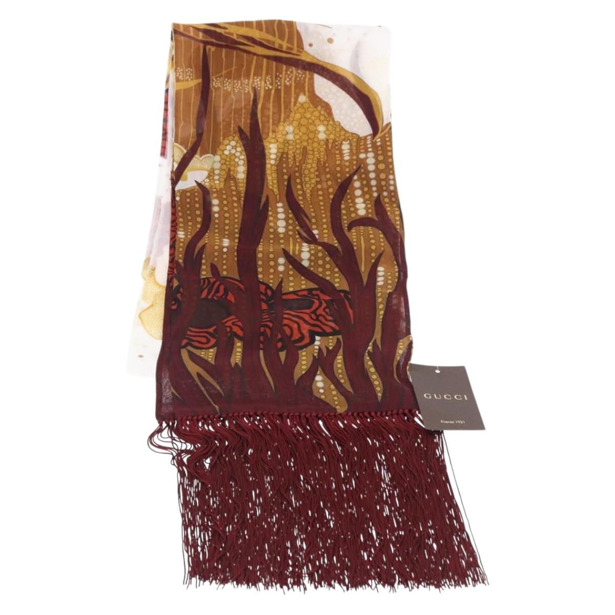 GUCCI Fringe Stole Silk Bordeaux White 380697 Auth am12325V