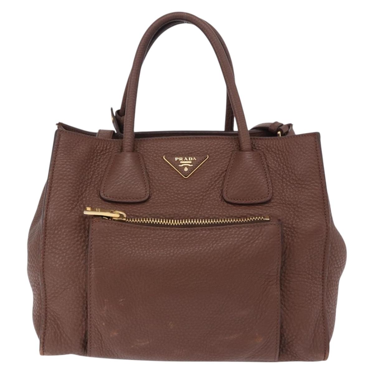PRADA Hand Bag Taurillon Leather 2way Brown Gold Auth am12327V