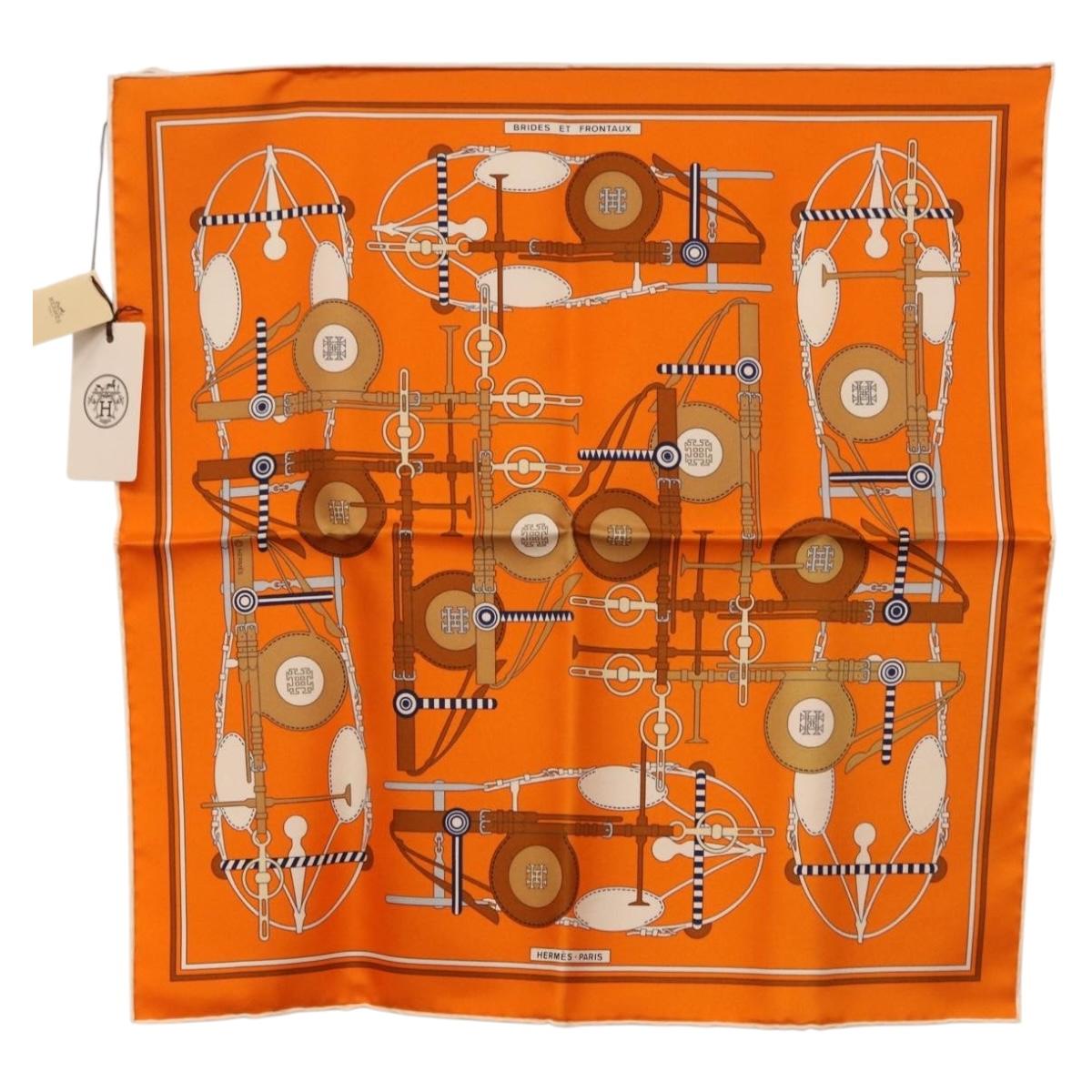 HERMES Carre 40 Scarf Silk ""BRIDES ET FRONTAUX"" Orange White Auth am12333M