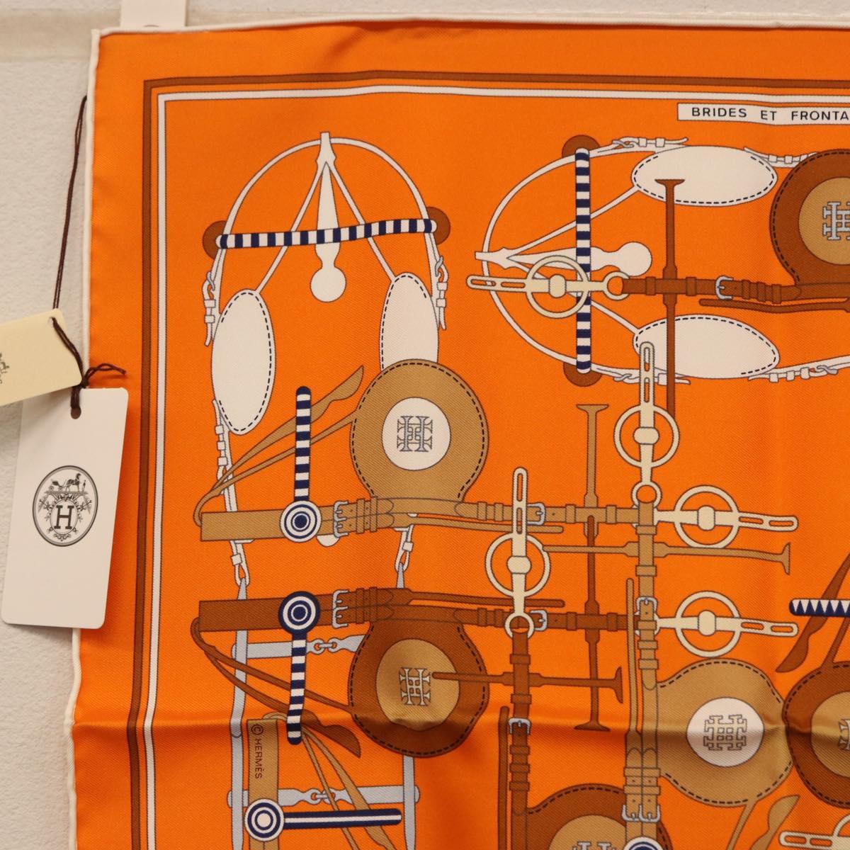 HERMES Carre 40 Scarf Silk ""BRIDES ET FRONTAUX"" Orange White Auth am12333M