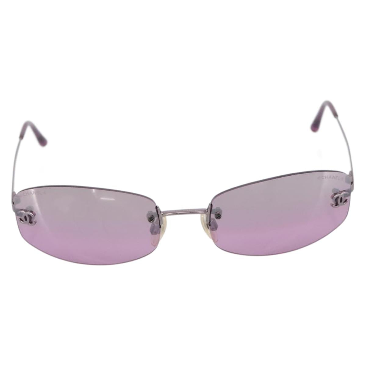 CHANEL CC Rimless Sunglasses Metal Purple Silver CC Auth am12336M