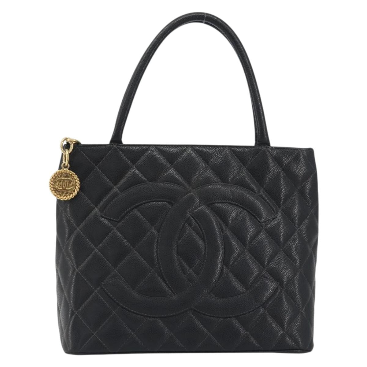 CHANEL Standard Tote Bag Caviar Skin Black Gold CC Auth am12339SAM