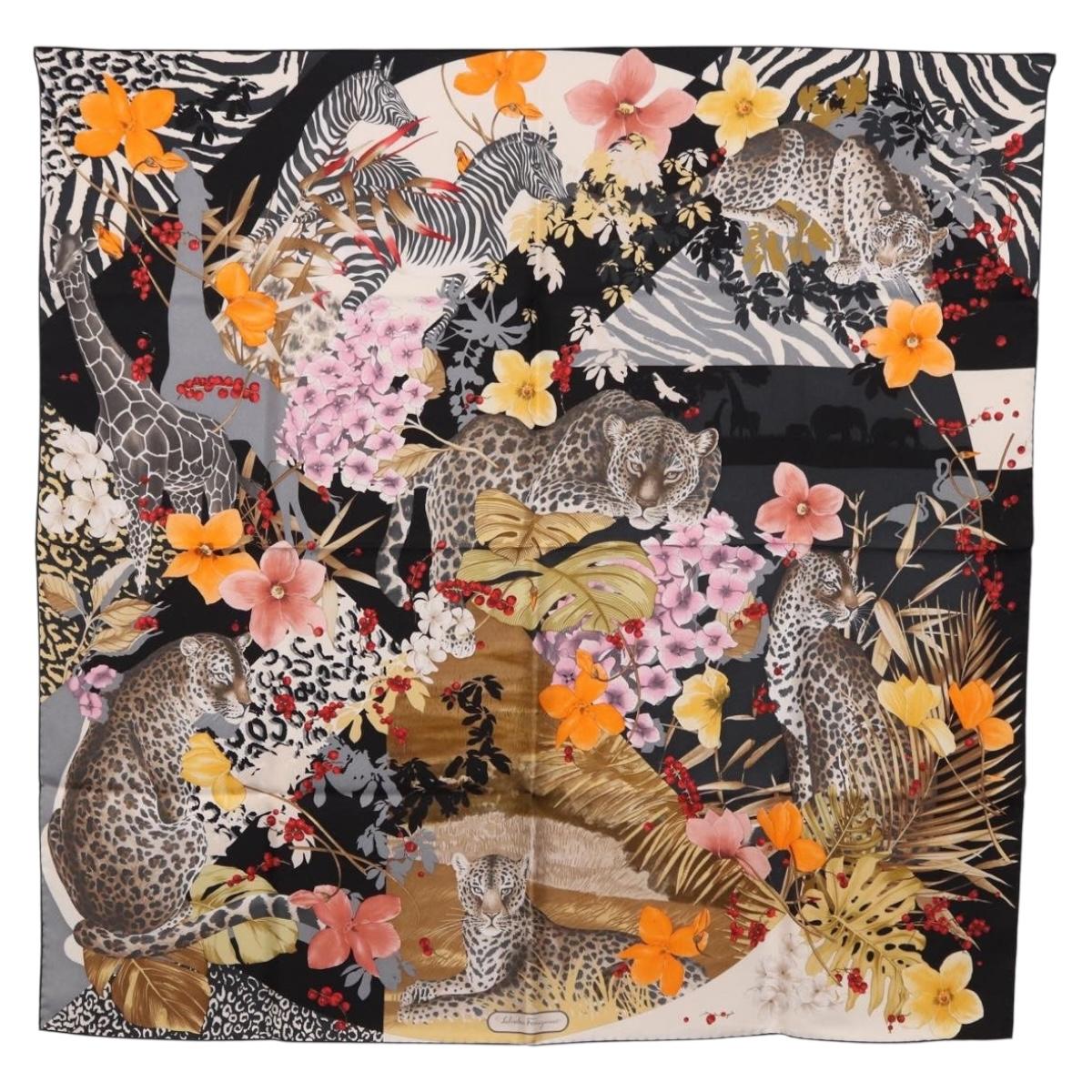 Salvatore Ferragamo Leopard Scarf Silk Multicolor Auth am12346M