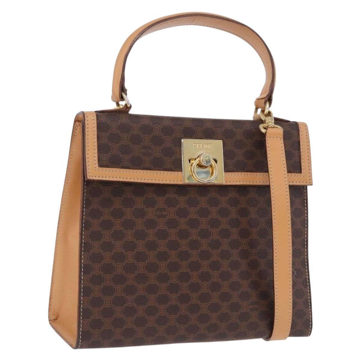 CELINE Macadam Canvas Circle Hand Bag PVC Leather Brown Gold Auth am12348V