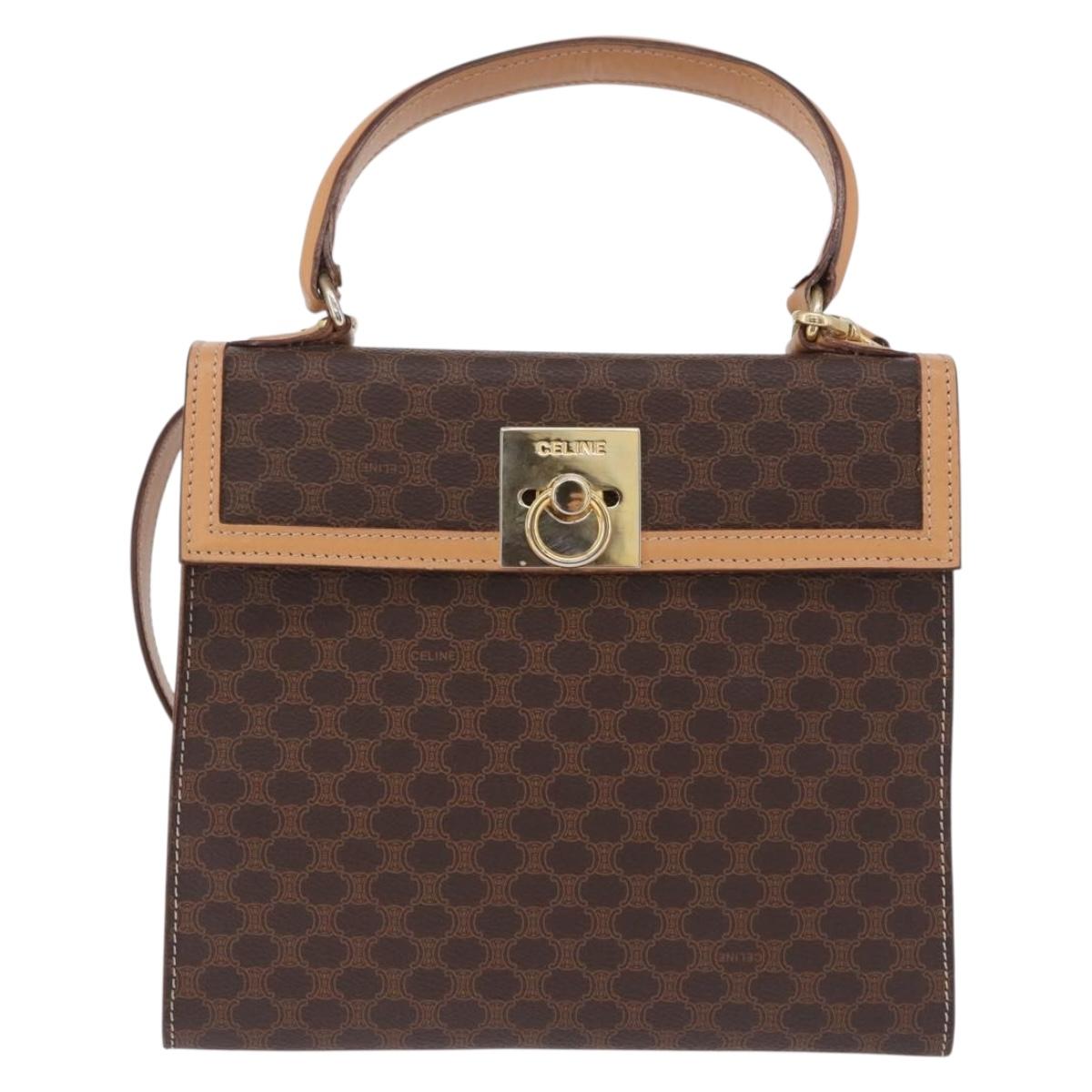 CELINE Macadam Canvas Circle Hand Bag PVC Leather Brown Gold Auth am12348V
