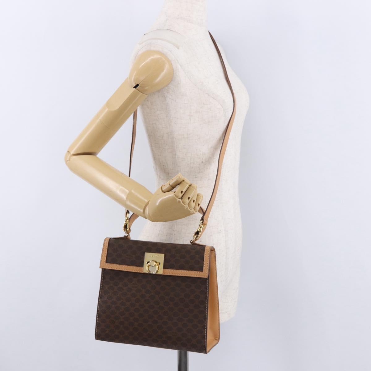 CELINE Macadam Canvas Circle Hand Bag PVC Leather Brown Gold Auth am12348V