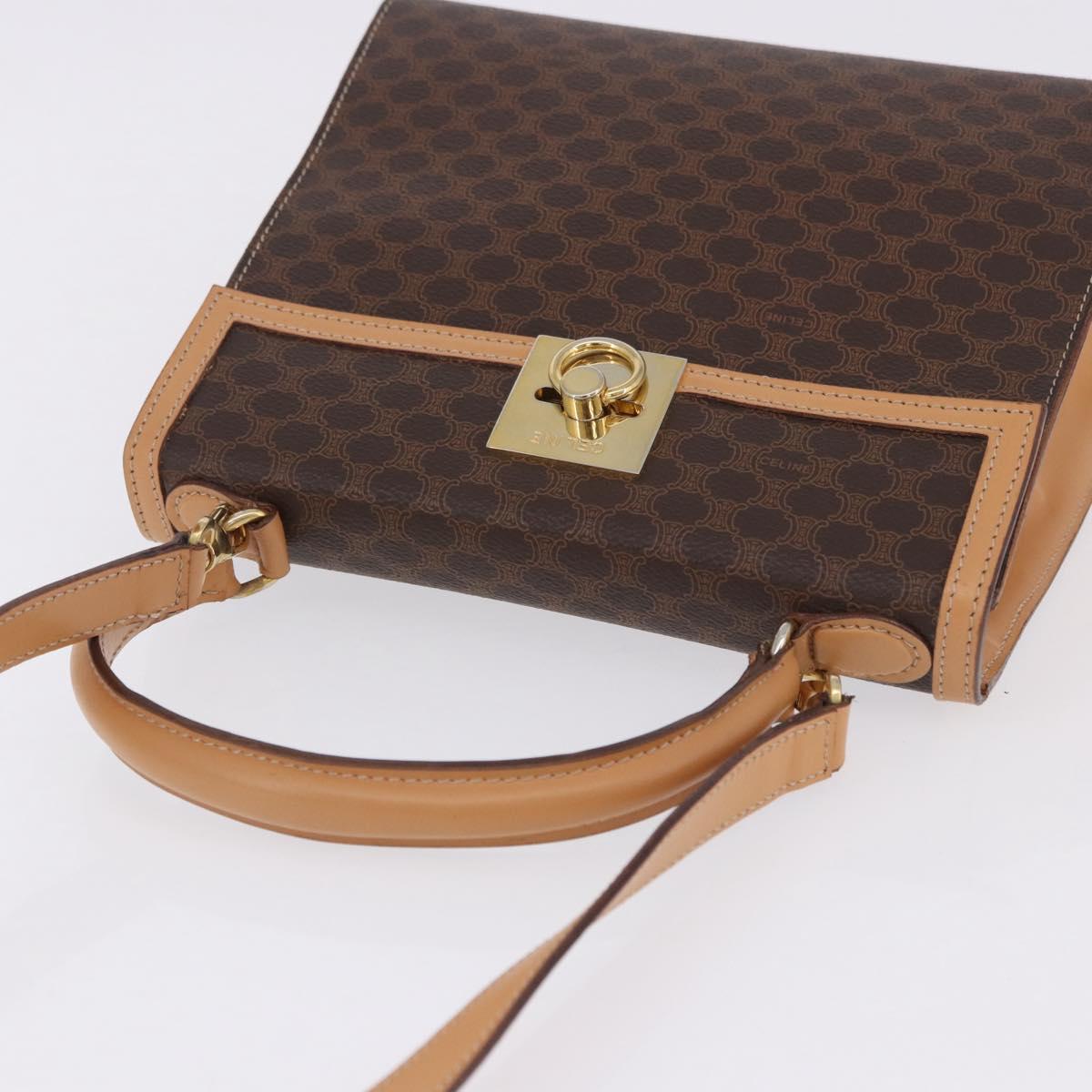 CELINE Macadam Canvas Circle Hand Bag PVC Leather Brown Gold Auth am12348V