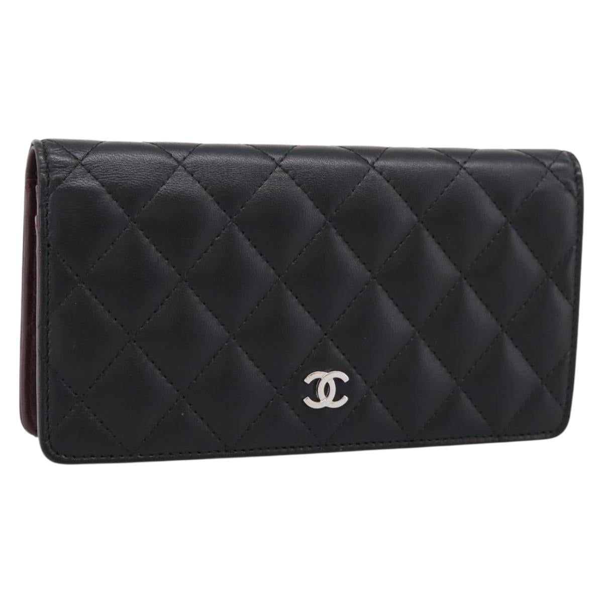 CHANEL Matelasse Long Wallet Lamb Skin Black CC Auth am12350M