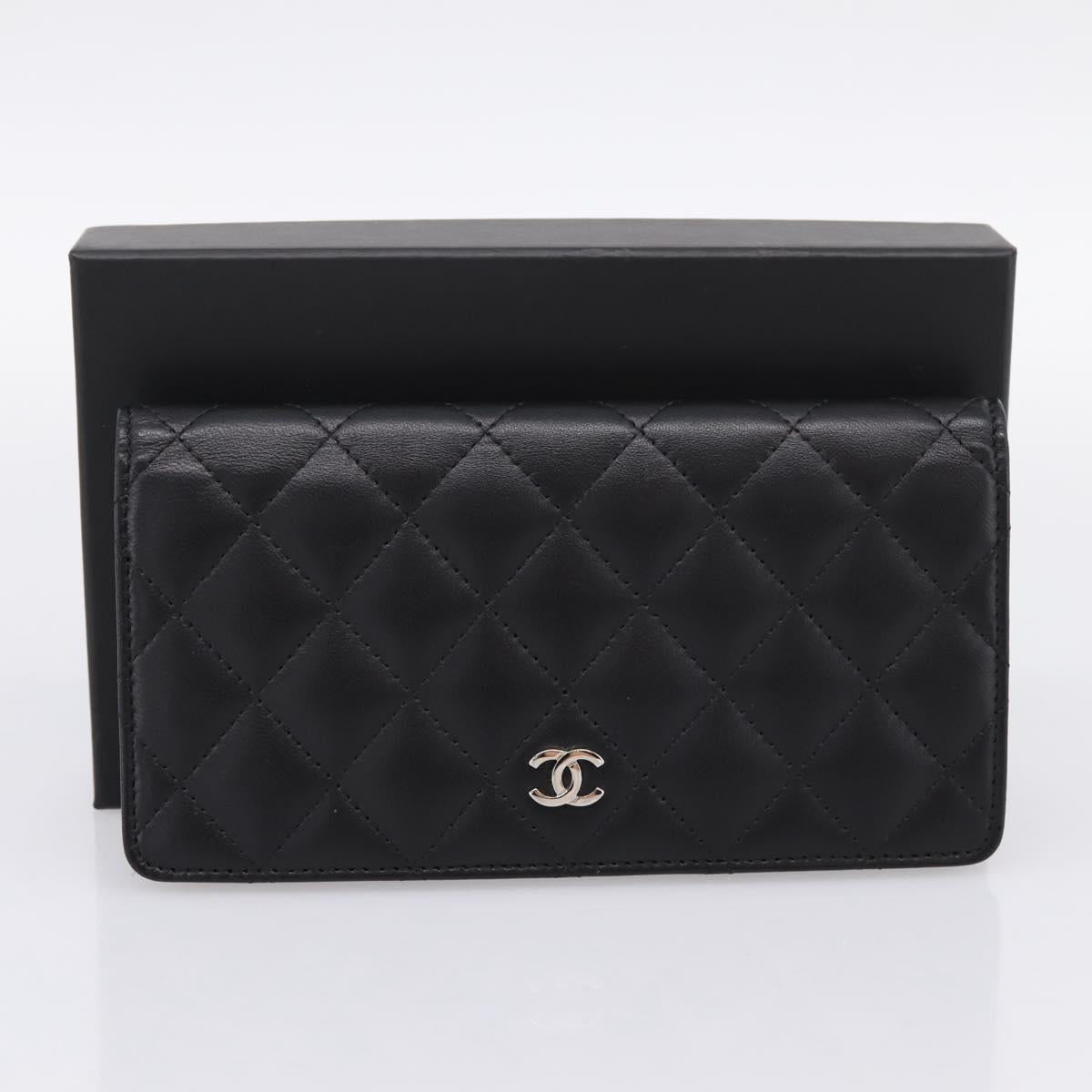 CHANEL Matelasse Long Wallet Lamb Skin Black CC Auth am12350M