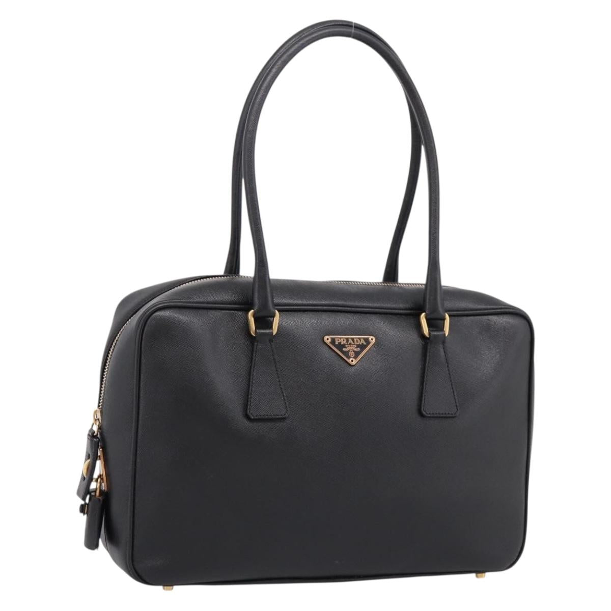 PRADA Hand Bag Saffiano Black Gold Tone Auth am12372SAM