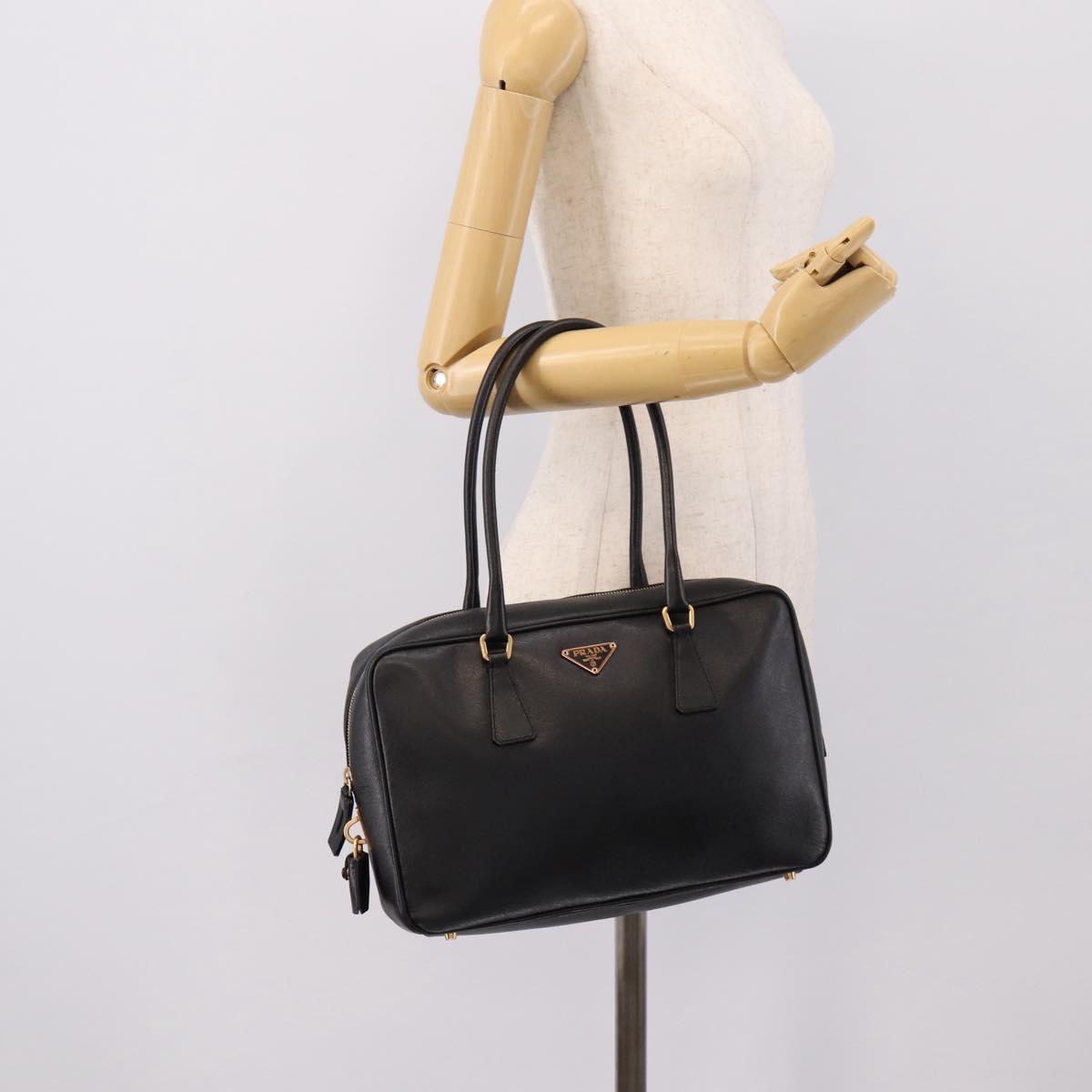 PRADA Hand Bag Saffiano Black Gold Tone Auth am12372SAM