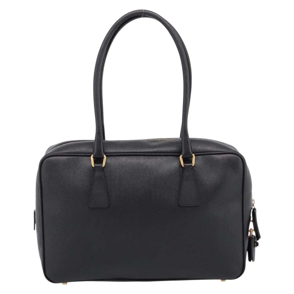 PRADA Hand Bag Saffiano Black Gold Tone Auth am12372SAM