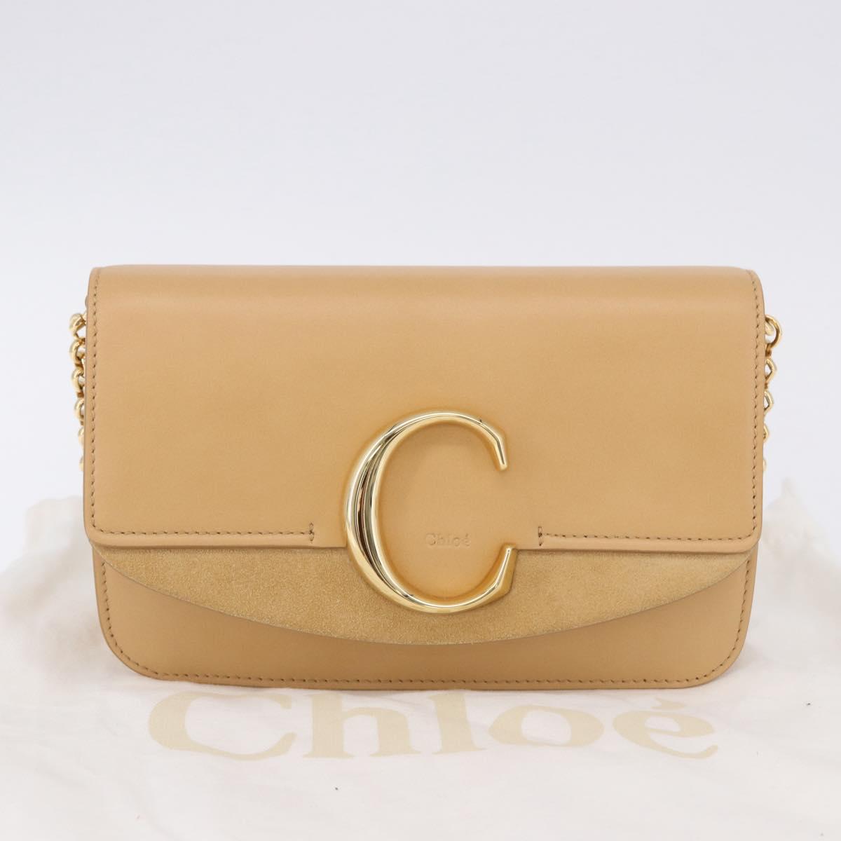 Chloe C Chain Shoulder Bag Leather Beige Gold Tone Auth am12374V
