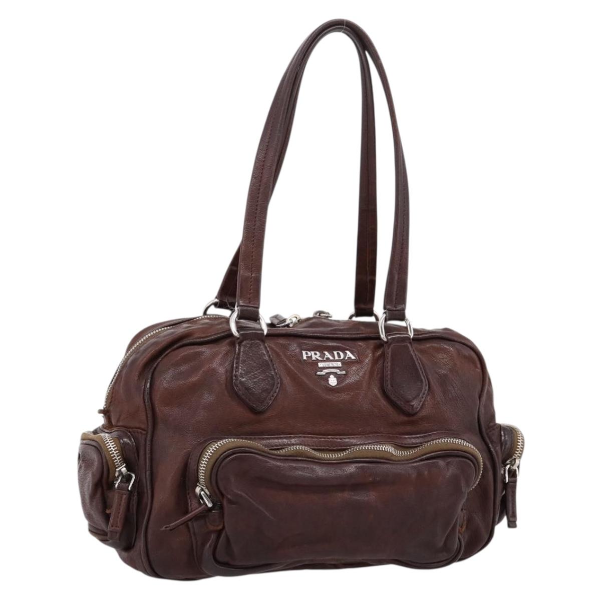 PRADA Hand Bag Leather Brown Silver BR2804 Auth am12375V