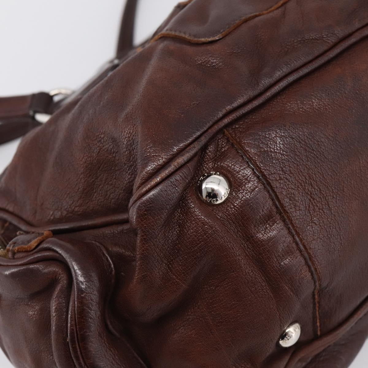 PRADA Hand Bag Leather Brown Silver BR2804 Auth am12375V