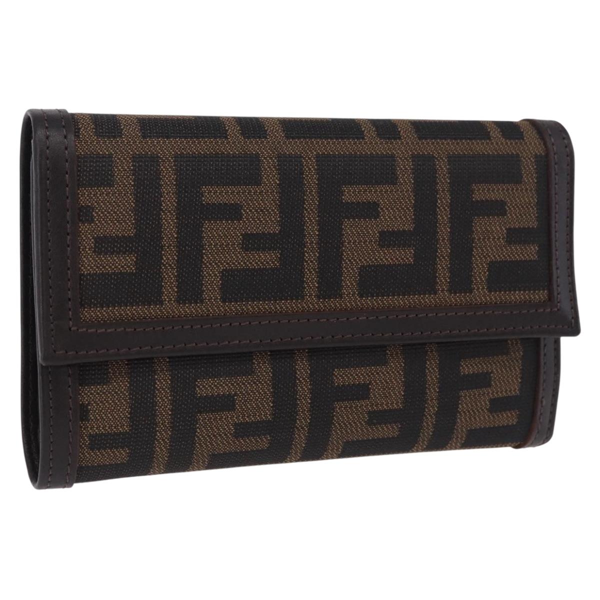 FENDI Zucca Canvas Compact Trifold Wallet Black Brown Auth am12383V