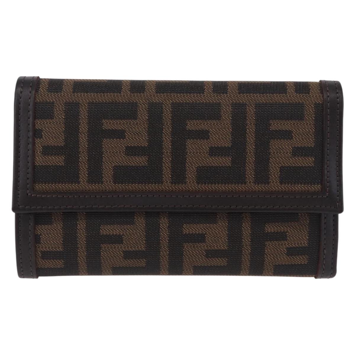 FENDI Zucca Canvas Compact Trifold Wallet Black Brown Auth am12383V