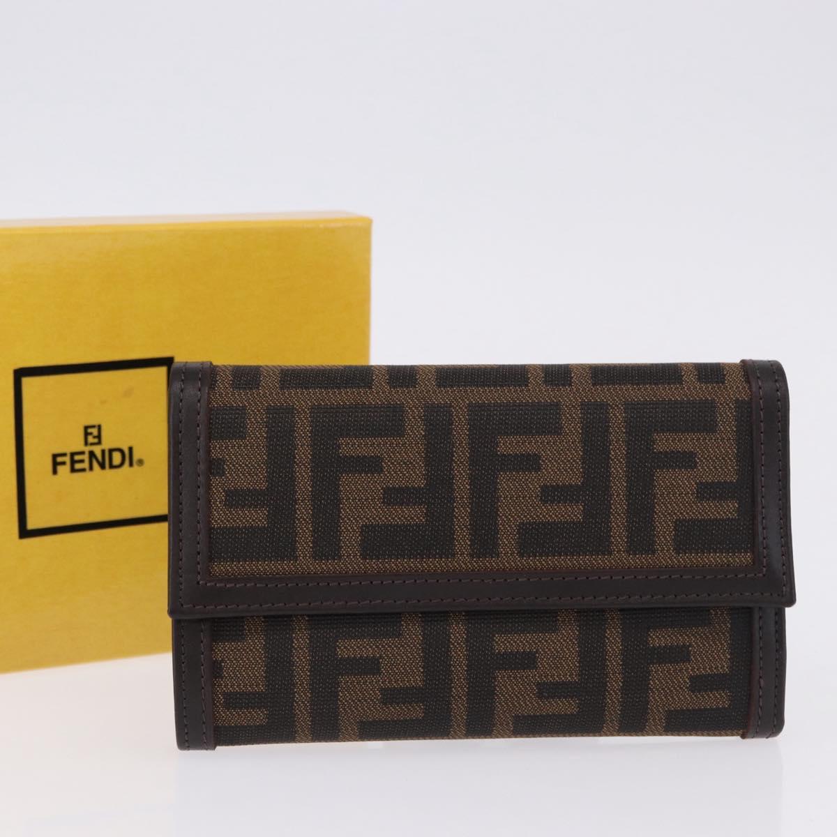 FENDI Zucca Canvas Compact Trifold Wallet Black Brown Auth am12383V