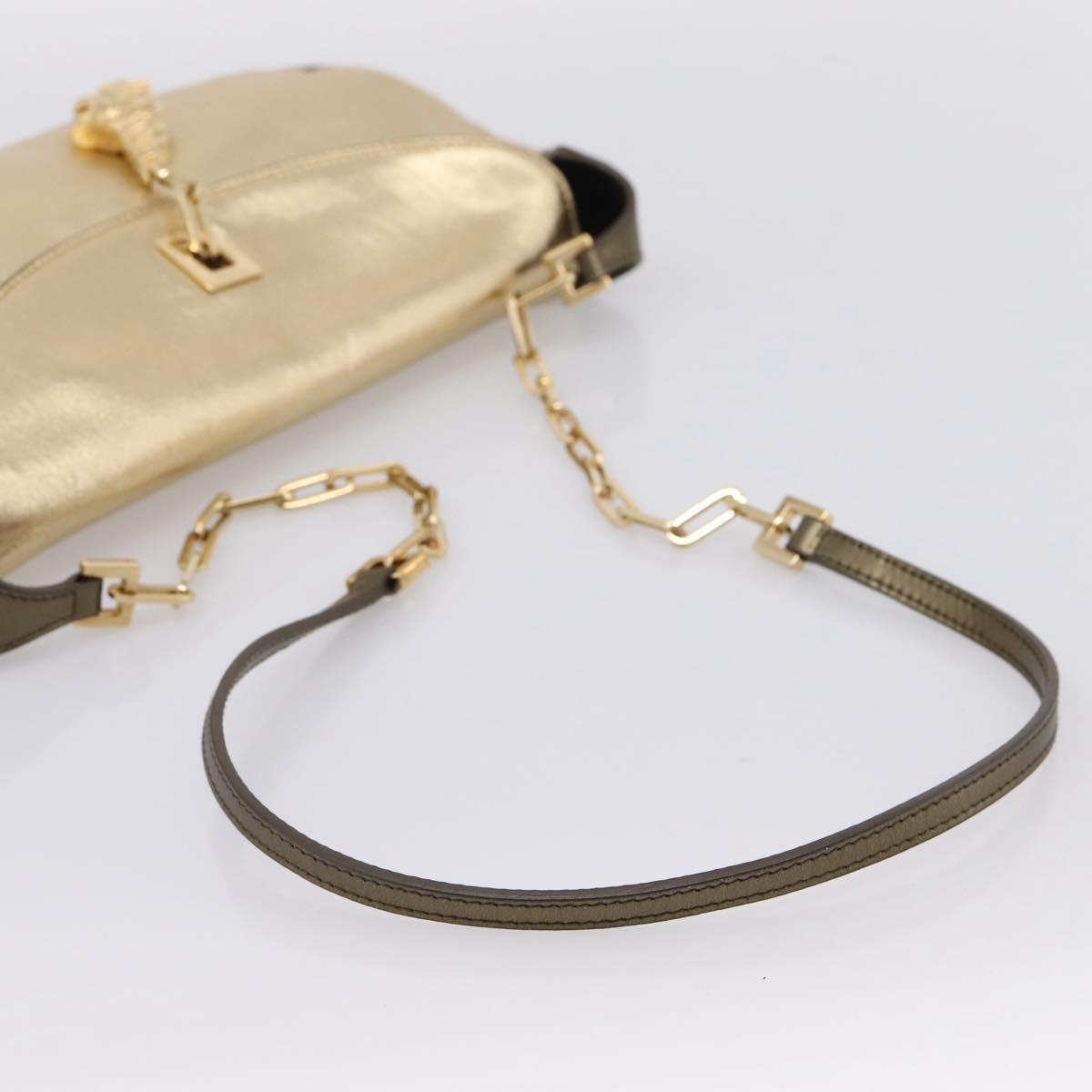 GUCCI Animalier Tiger Head Chain Bag Leather Gold 001 4113 2123 Auth am12398V