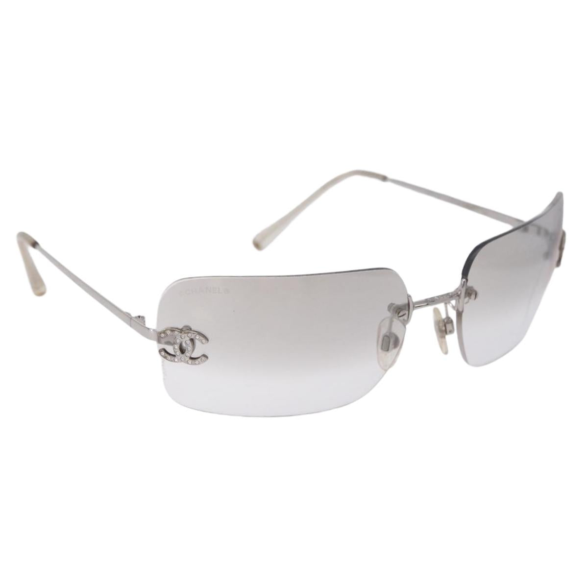 CHANEL CC Rhinestone Rimless Sunglasses metal Gray CC Auth am12410M