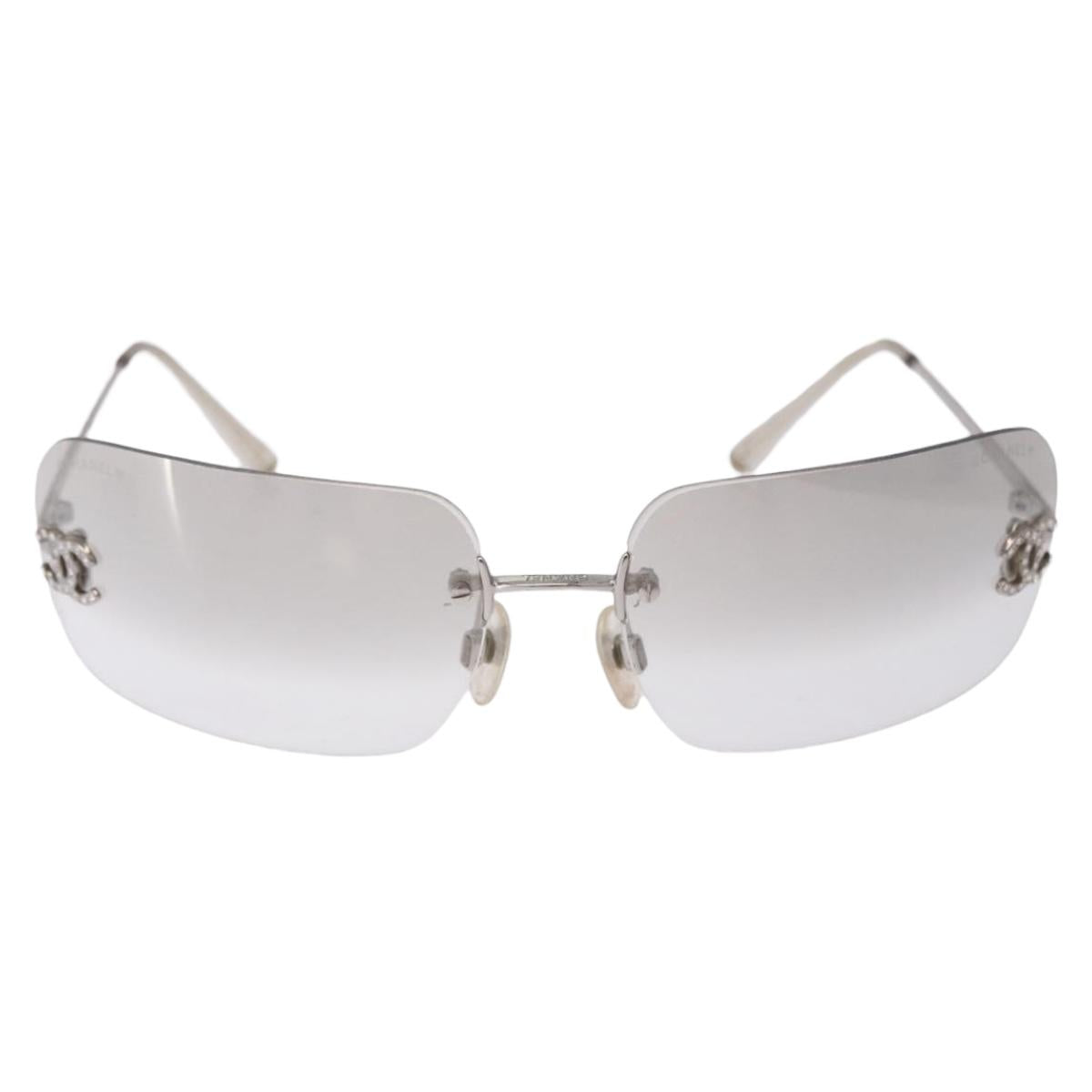 CHANEL CC Rhinestone Rimless Sunglasses metal Gray CC Auth am12410M