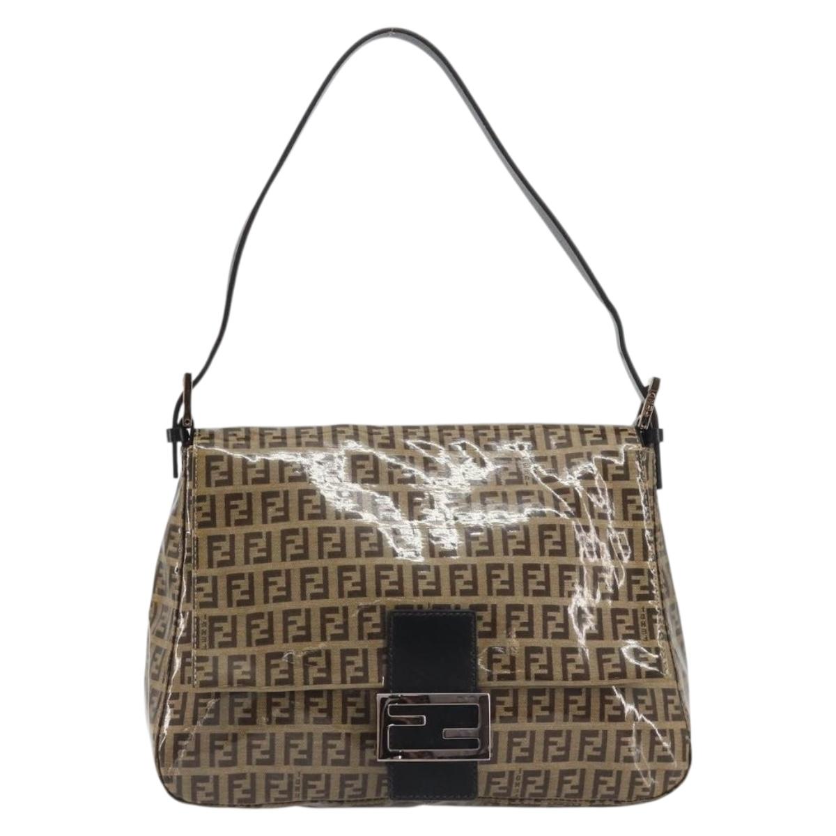 FENDI Zucchino Canvas Mamma Baguette Bag Coated Canvas Black Brown Auth am12411V