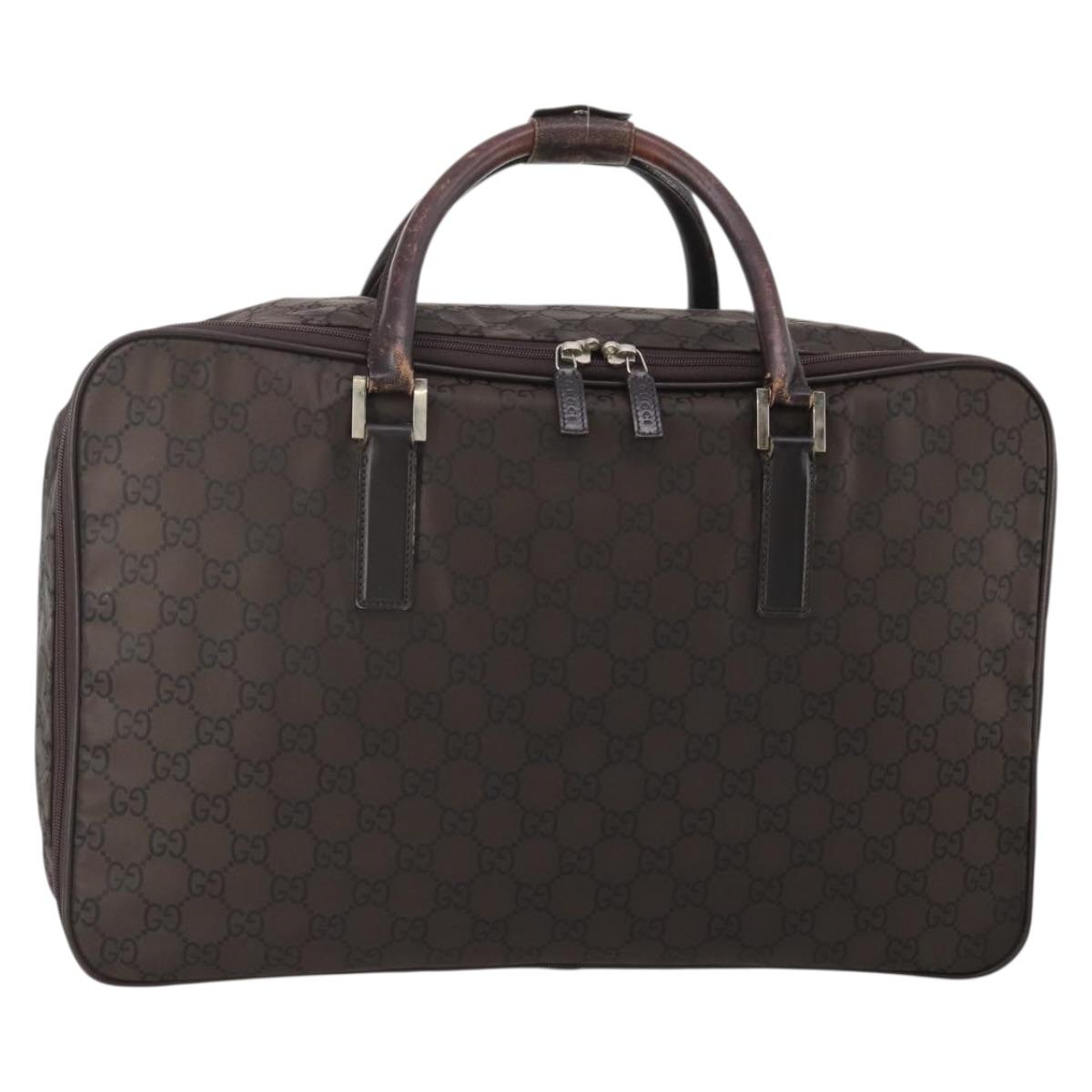GUCCI GG Canvas Boston Bag Nylon Dark Brown Silver 010 1350 08 Auth am12441