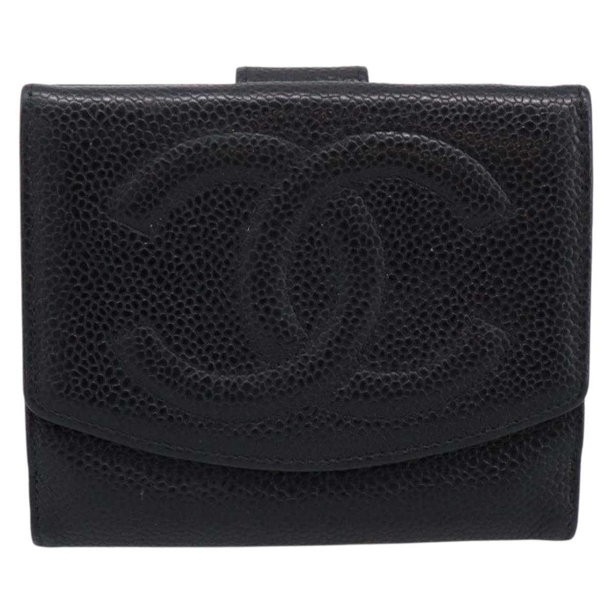 CHANEL Compact Wallet Caviar Skin Black CC Auth am12444A