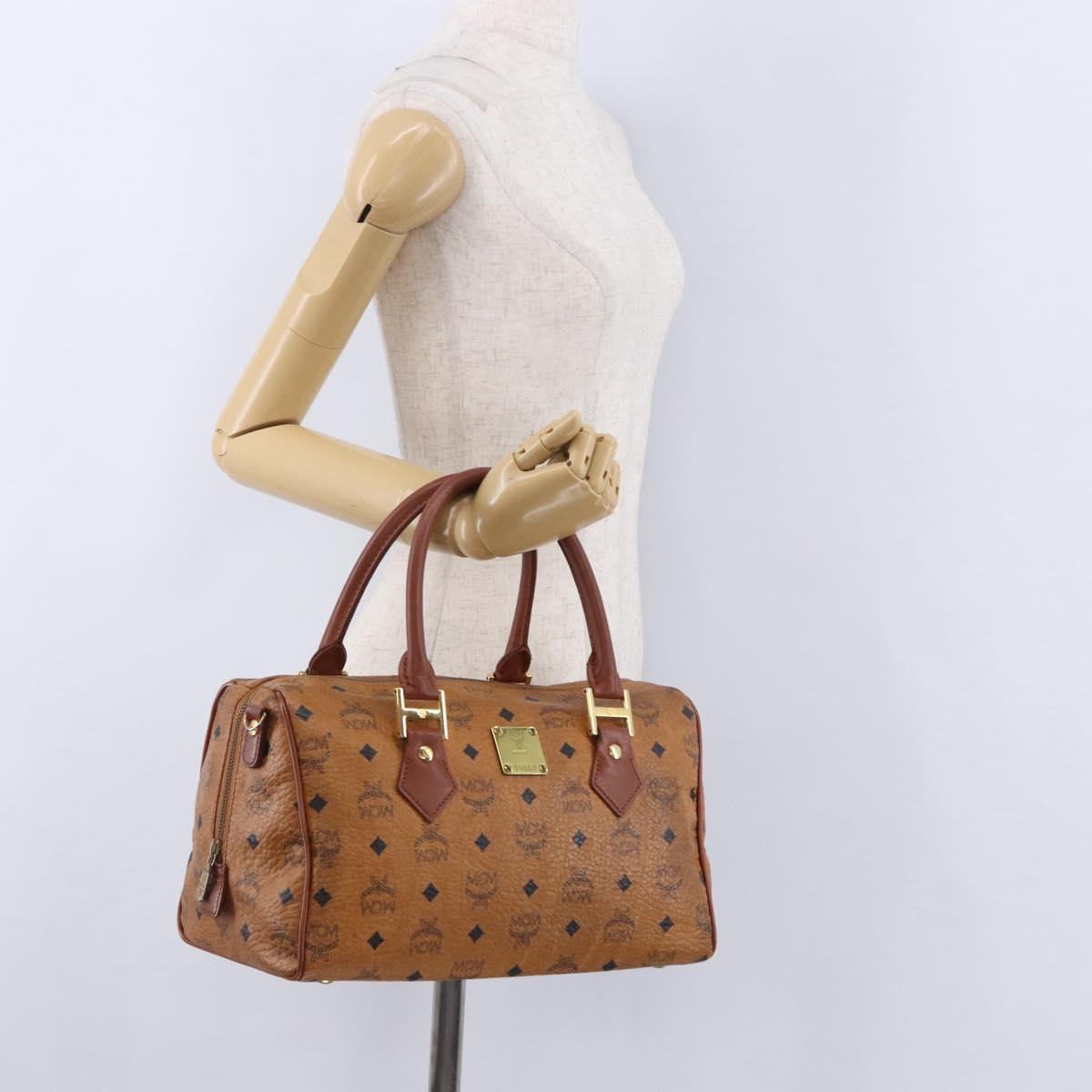 MCM Logogram Vicetos Mini Boston Bag PVC Leather Brown Gold Auth am12453