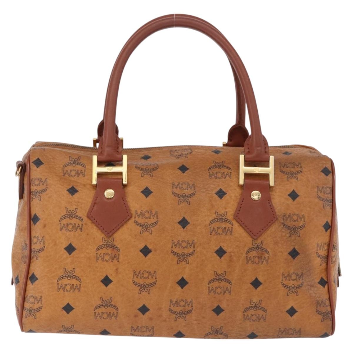 MCM Logogram Vicetos Mini Boston Bag PVC Leather Brown Gold Auth am12453
