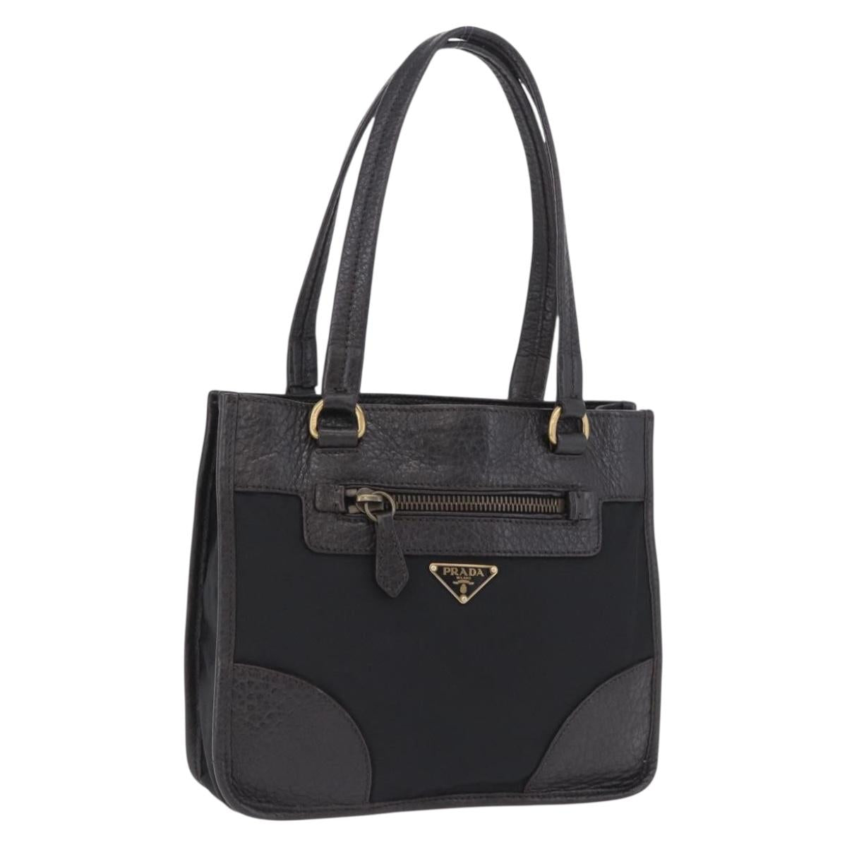 PRADA Tote Bag Nylon Leather Black Gold Tone Auth am12459V