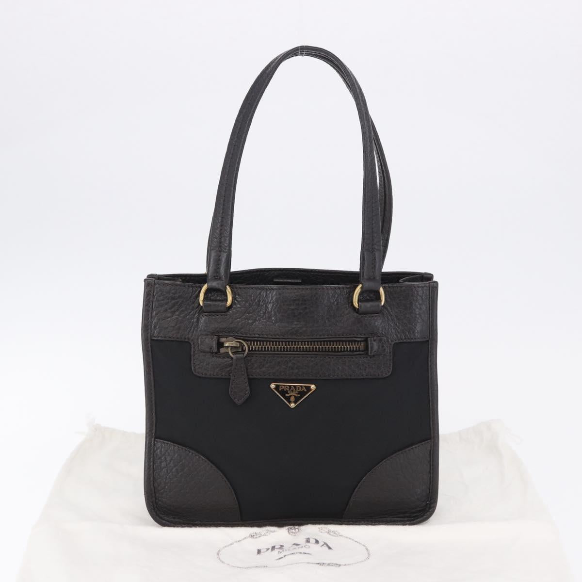 PRADA Tote Bag Nylon Leather Black Gold Tone Auth am12459V
