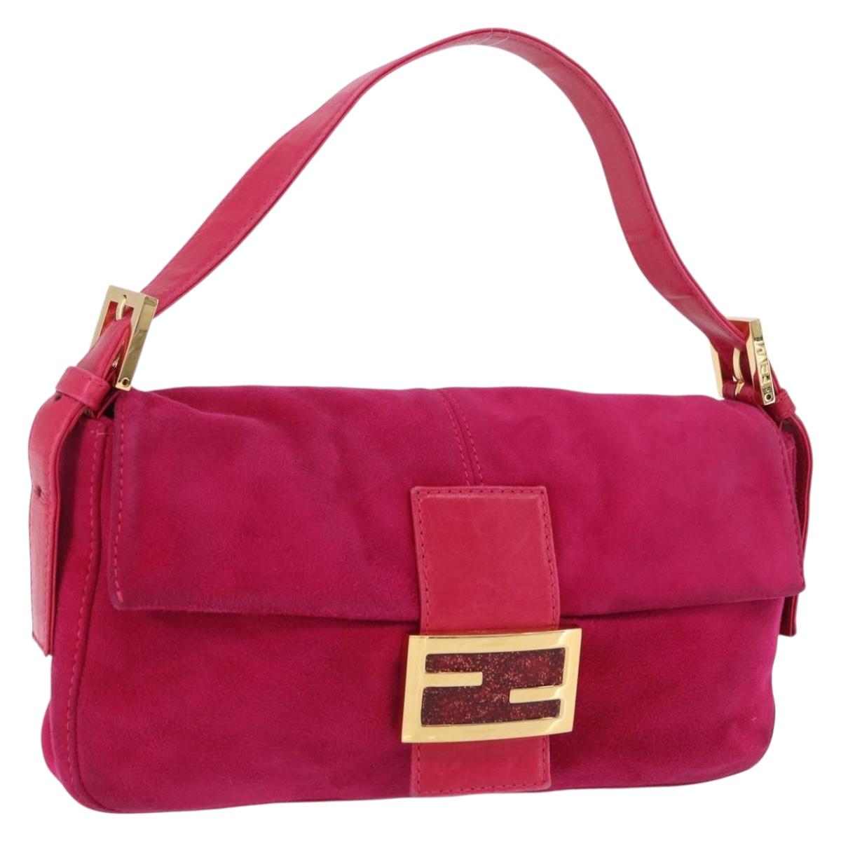 FENDI Mamma Baguette Shoulder Bag Suede Pink Gold Tone Auth am12464V