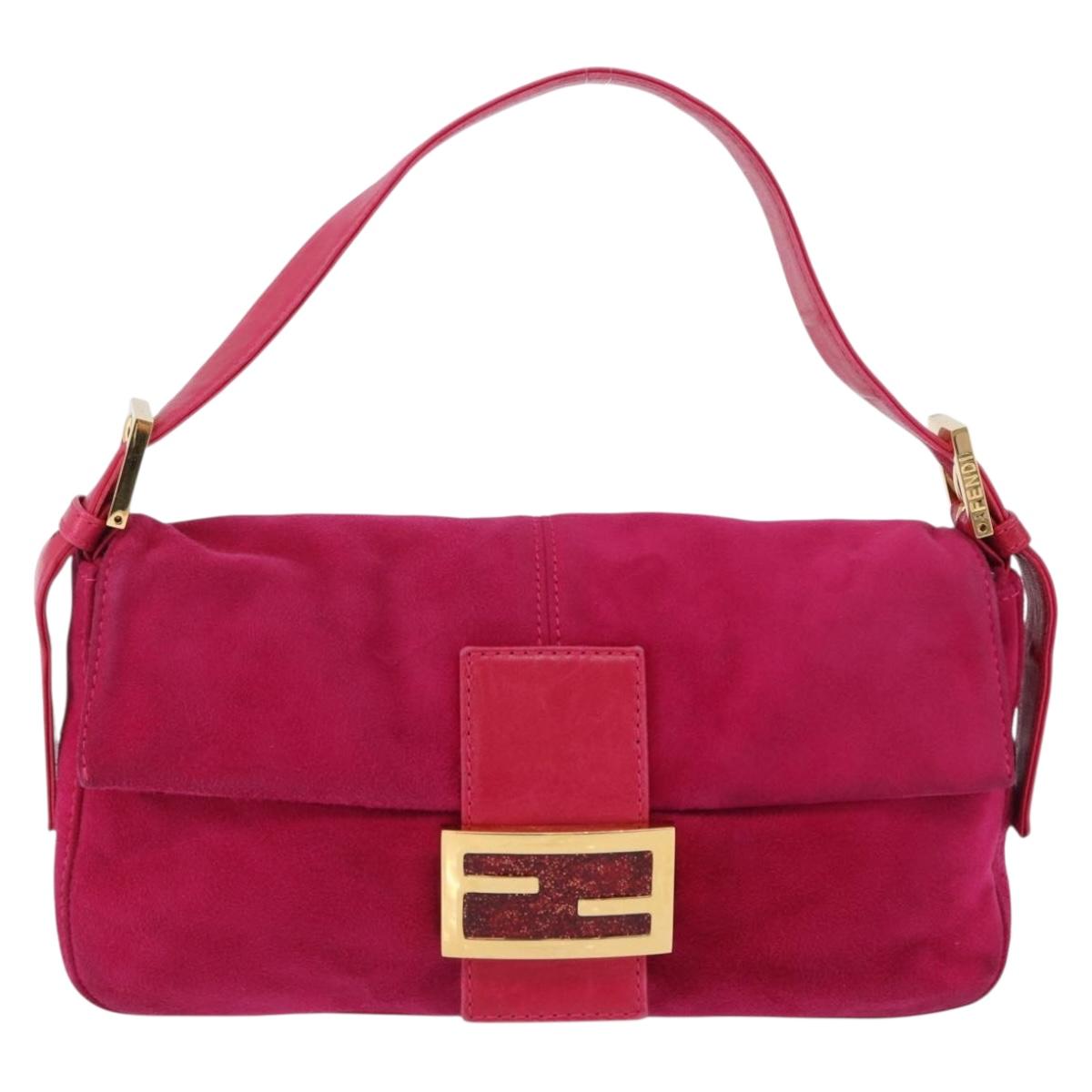FENDI Mamma Baguette Shoulder Bag Suede Pink Gold Tone Auth am12464V