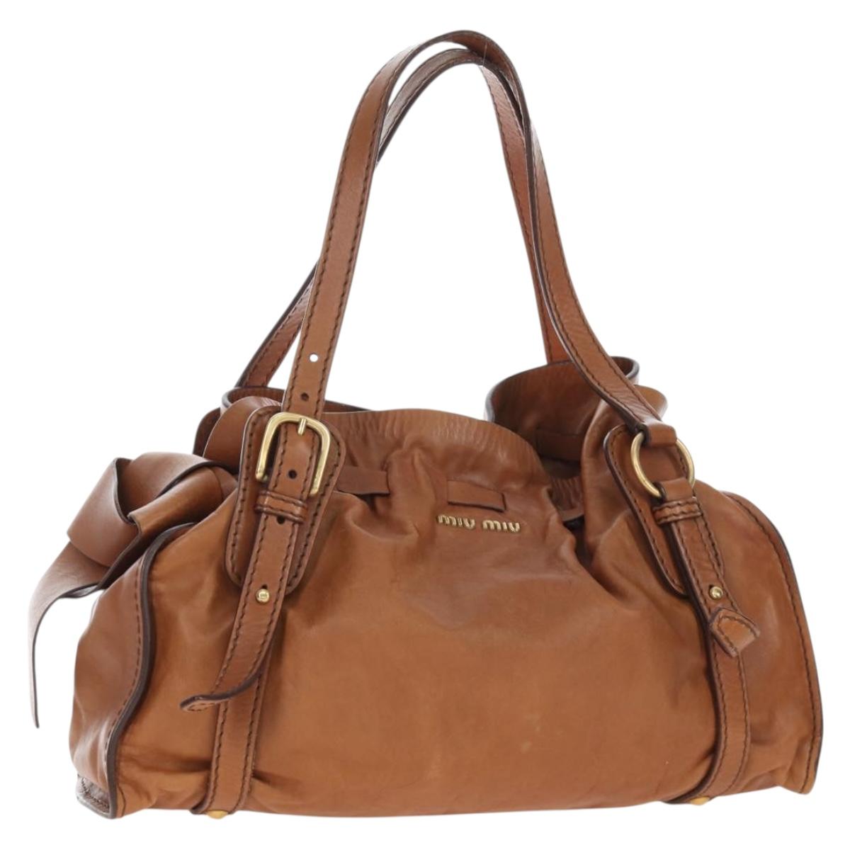 Miu Miu Side Ribbon Shoulder Bag Leather Brown Gold Tone Auth am12465V