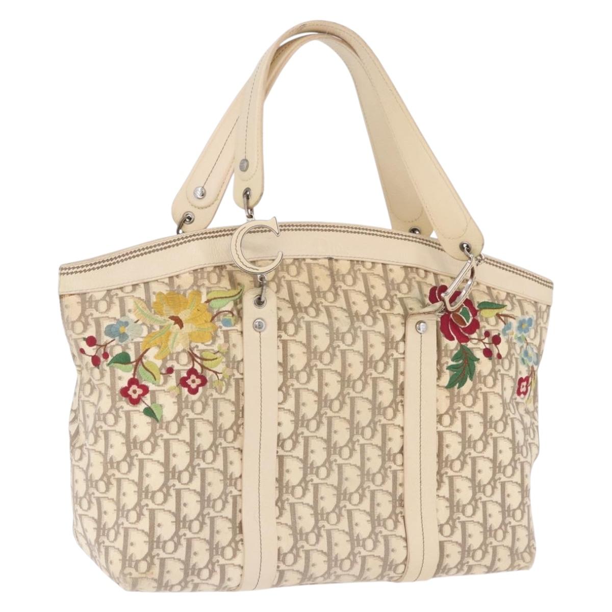Christian Dior Trotter Canvas Floral Hand Bag Ivory Silver Auth am12468