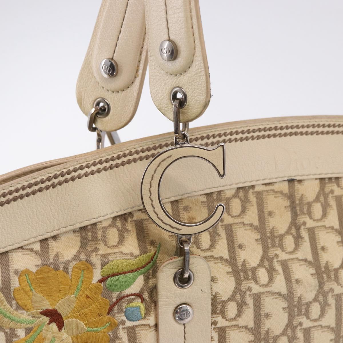 Christian Dior Trotter Canvas Floral Hand Bag Ivory Silver Auth am12468