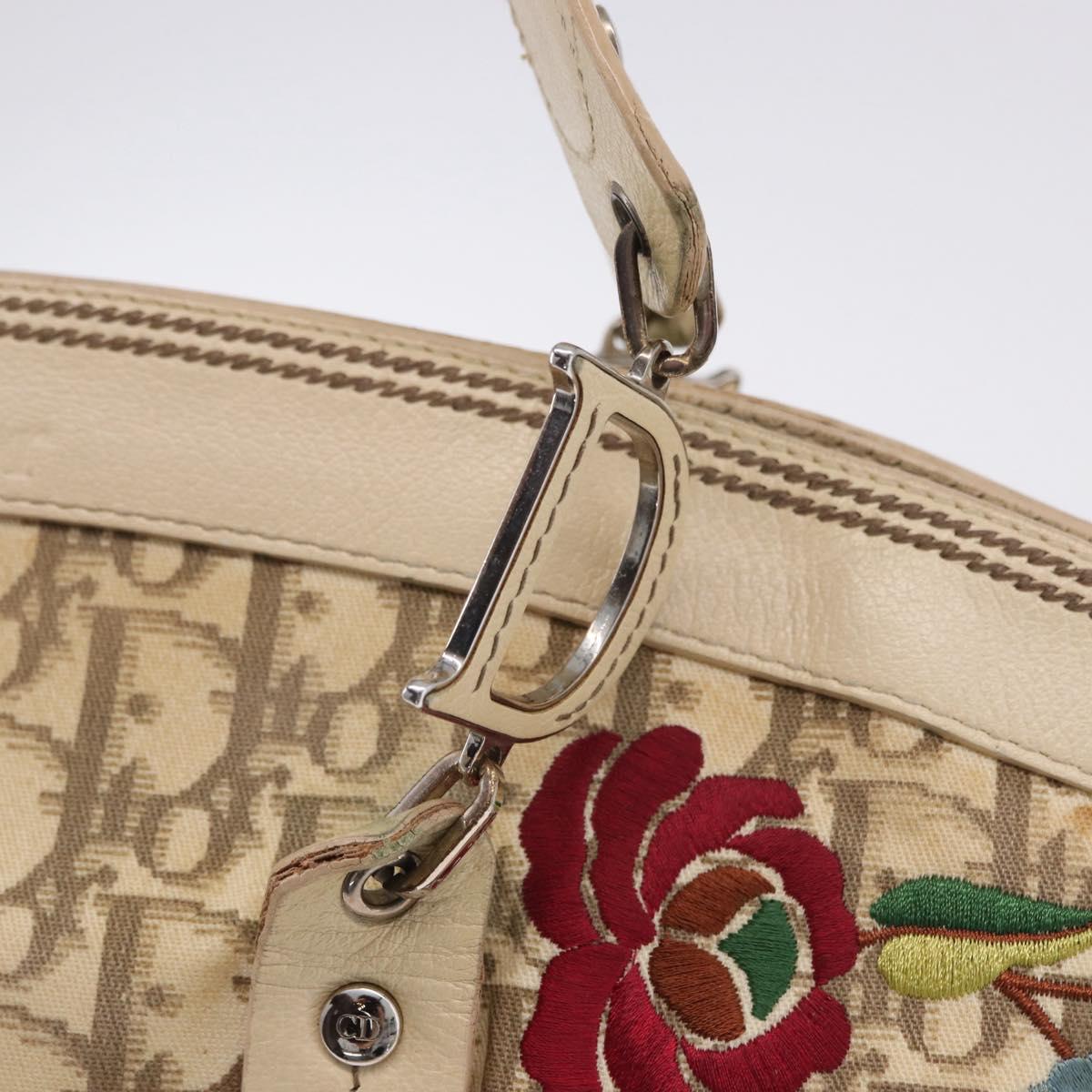 Christian Dior Trotter Canvas Floral Hand Bag Ivory Silver Auth am12468