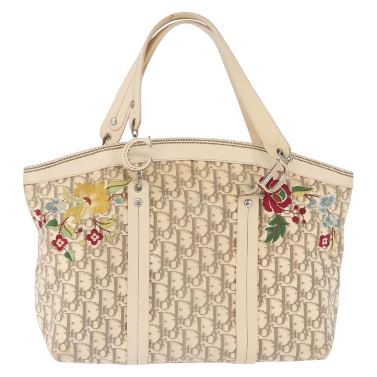 Christian Dior Trotter Canvas Floral Hand Bag Ivory Silver Auth am12468