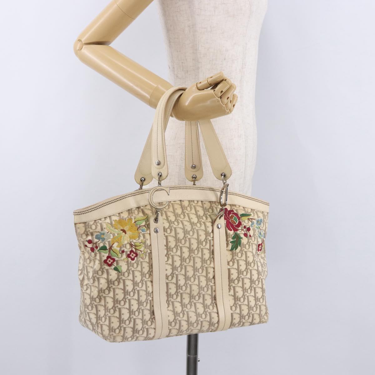 Christian Dior Trotter Canvas Floral Hand Bag Ivory Silver Auth am12468