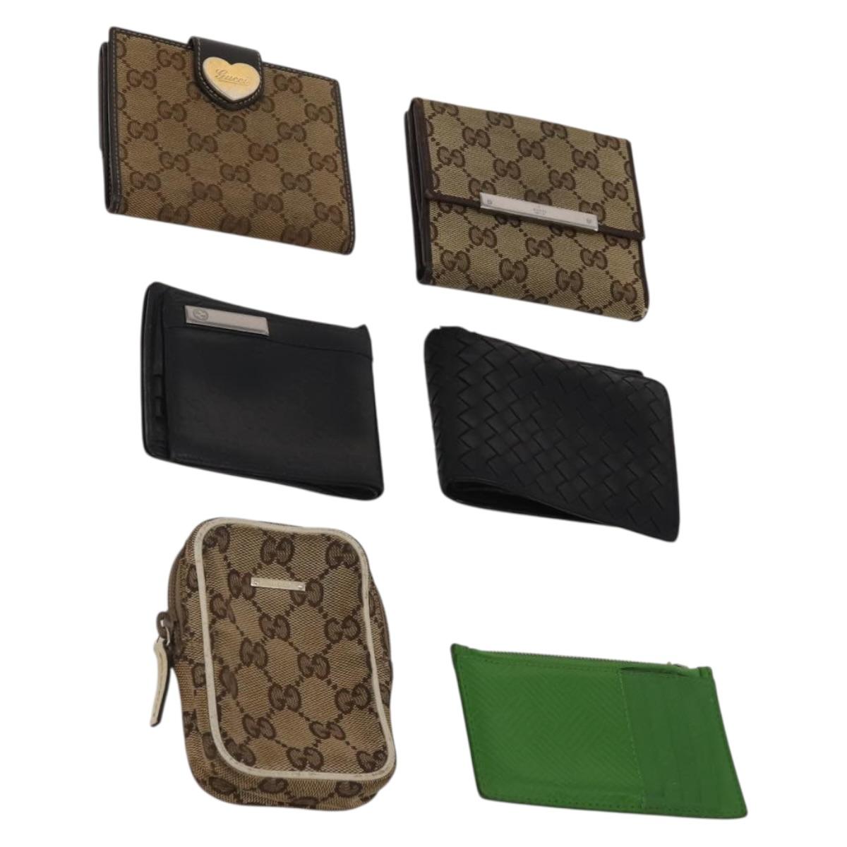 GUCCI Pouch Wallet GG Leather Canvas 6 Set Beige Black Auth am12473