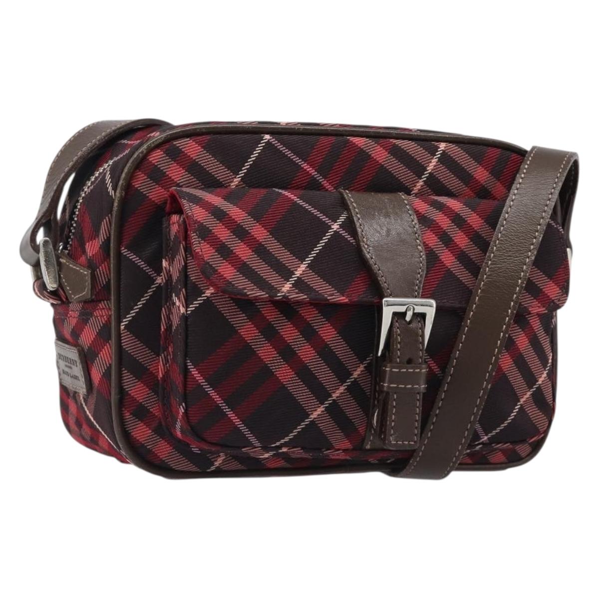 BURBERRY Nova Check Blue Label Shoulder Bag Nylon Bordeaux Silver Auth am12529A