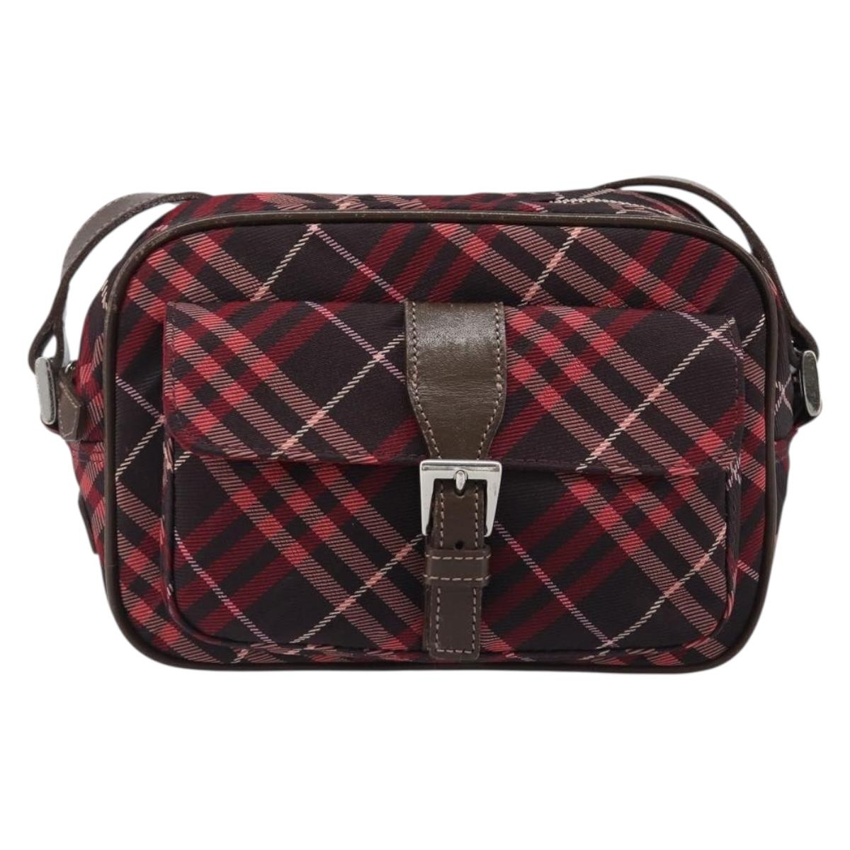 BURBERRY Nova Check Blue Label Shoulder Bag Nylon Bordeaux Silver Auth am12529A