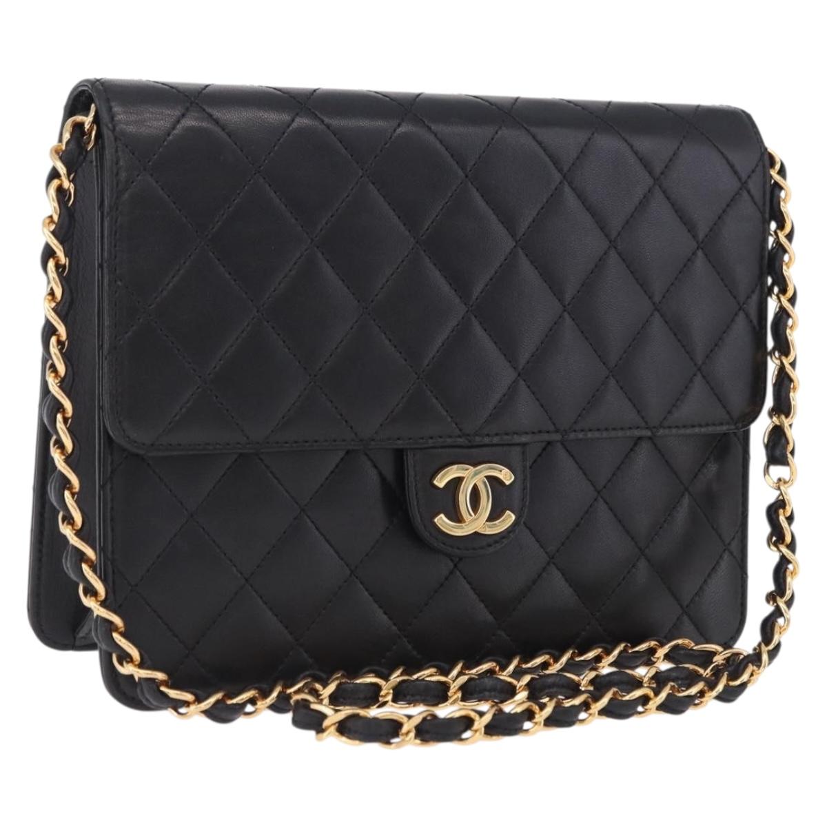 CHANEL Matelasse Push Lock Shoulder Bag Lamb Skin Black Gold CC Auth am12544M