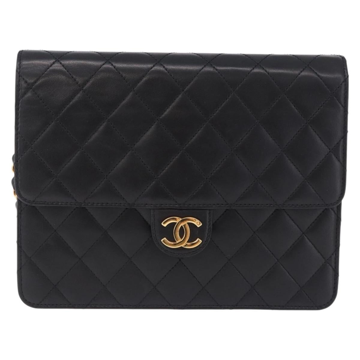 CHANEL Matelasse Push Lock Shoulder Bag Lamb Skin Black Gold CC Auth am12544M
