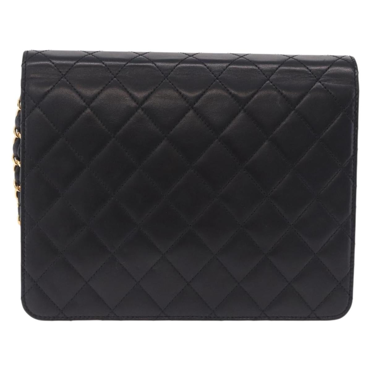 CHANEL Matelasse Push Lock Shoulder Bag Lamb Skin Black Gold CC Auth am12544M