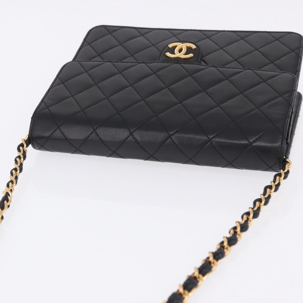 CHANEL Matelasse Push Lock Shoulder Bag Lamb Skin Black Gold CC Auth am12544M
