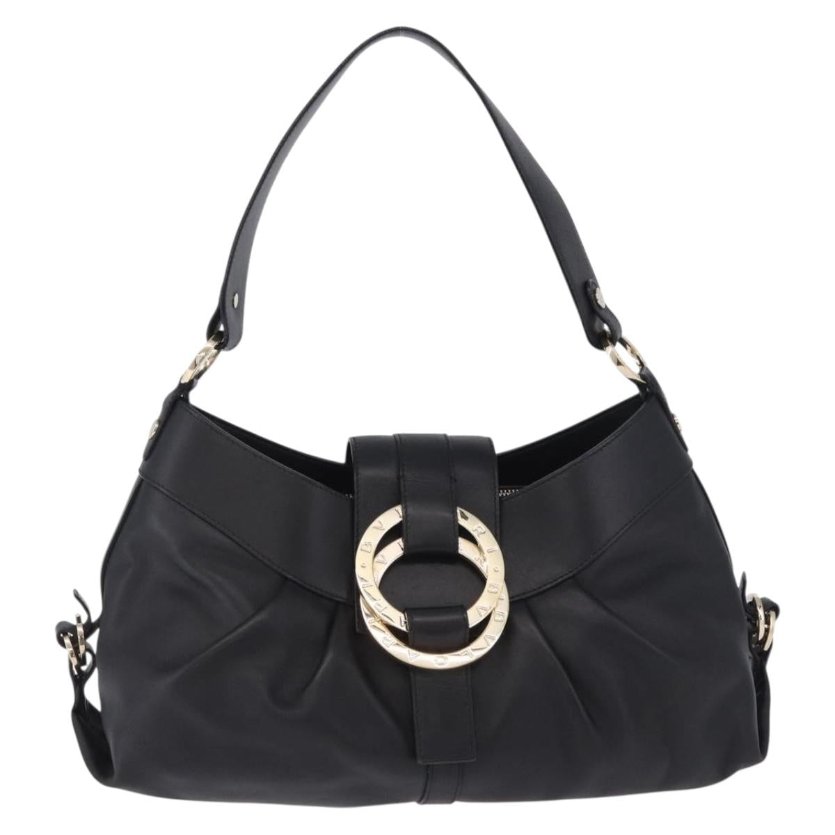 BVLGARI Chandra Hand Bag Leather Black Gold Auth am12554M