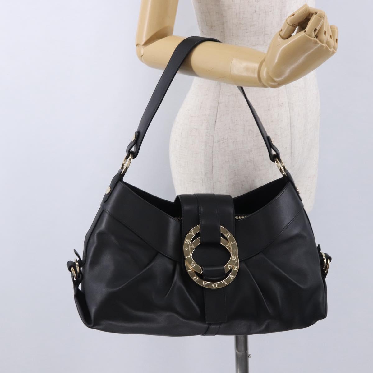 BVLGARI Chandra Hand Bag Leather Black Gold Auth am12554M
